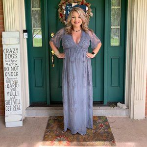 PinkBlush Blue Lace Mesh Overlay Maternity Maxi Dress